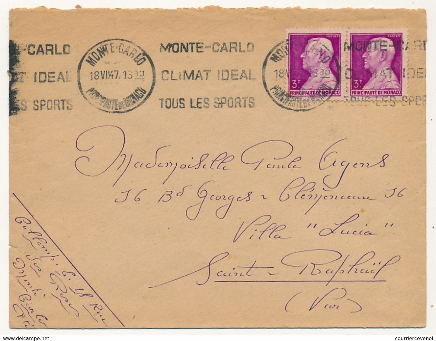 MONACO => Env. Affr. 3F Louis II X2 Omec Monte Carlo / Climat Idéal / Tous Les Sports - 1947 - Storia Postale