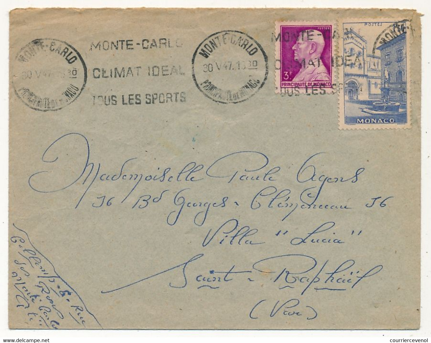 MONACO => Env. Affr. 3F Louis II + 1,50F Bleu Omec Monte Carlo / Climat Idéal / Tous Les Sports - 1947 - Storia Postale