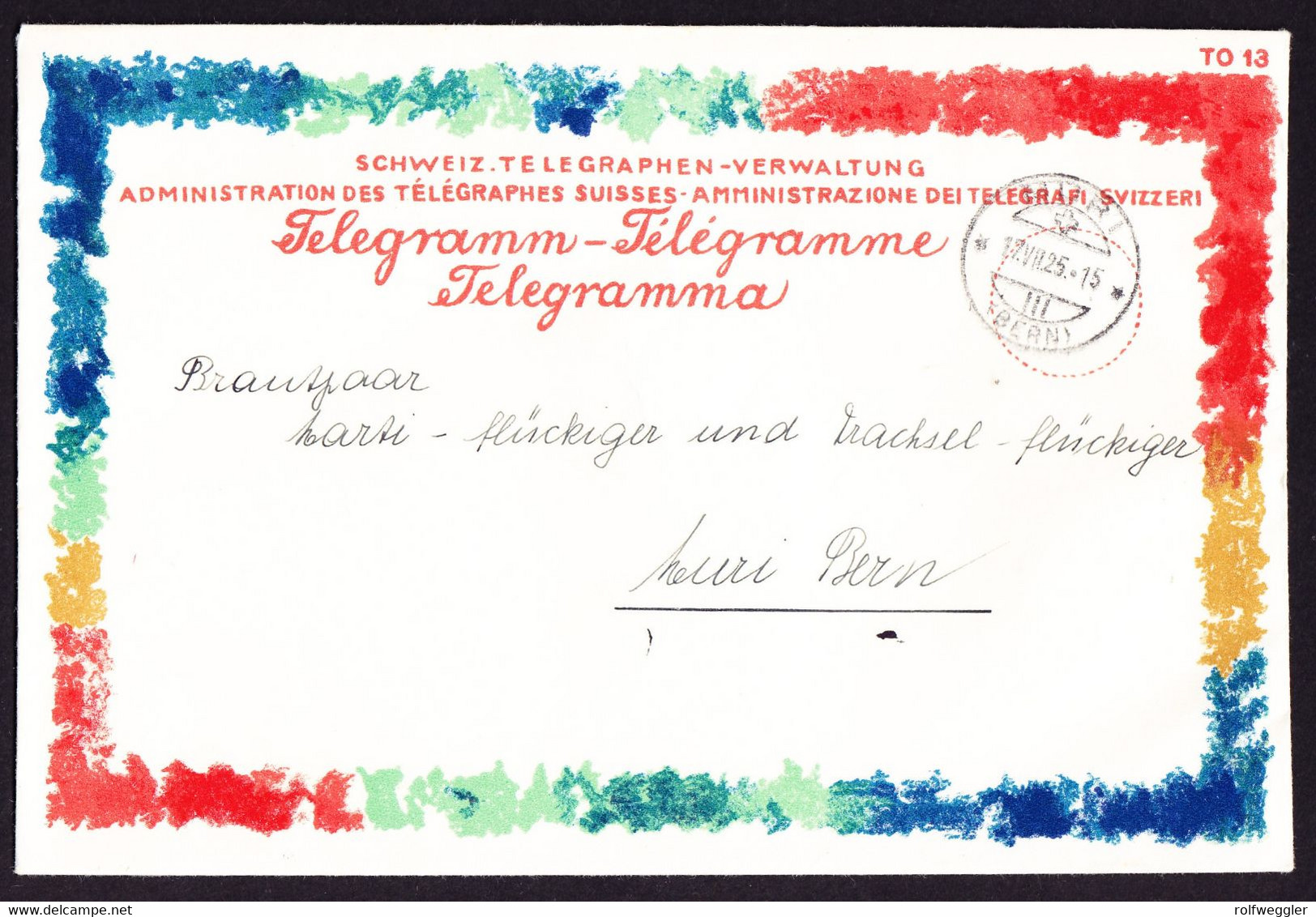 1925 Telegramm An Brautpaar In Muri, Bern Mit Briefcouvert. Künstler A. Giacometti - Télégraphe