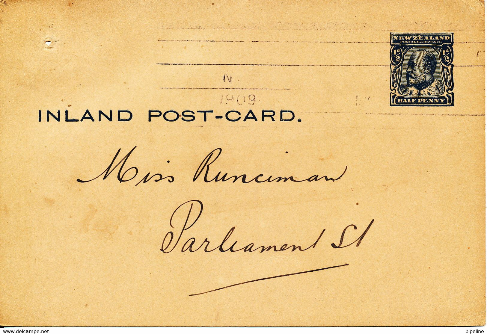 New Zealand Postal Stationery Innland Post Card 25-5-1909 With A Hole In The Left Side Near The Top - Entiers Postaux