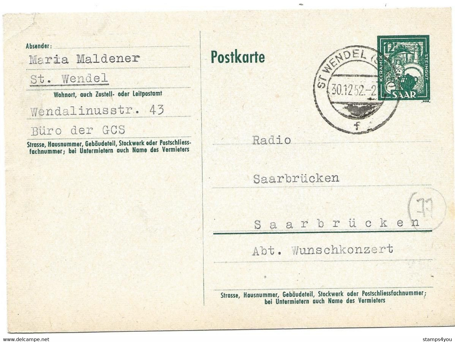 52 - 77 - Entier Postal Avec Cachet à Date St. Wendel 1952 - Entiers Postaux