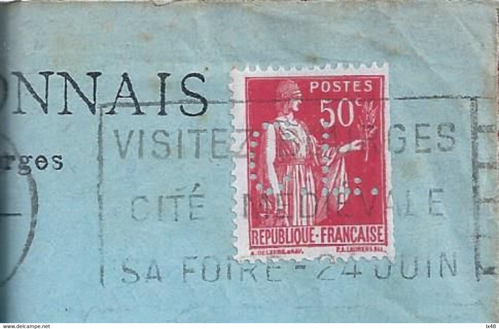 Letter Crédit Lyonnais With Perforated Stamp (C.L.) With 25 Holes. Perfin. Banner 'Visit Bourges, Medieval Village Fair - Perforés