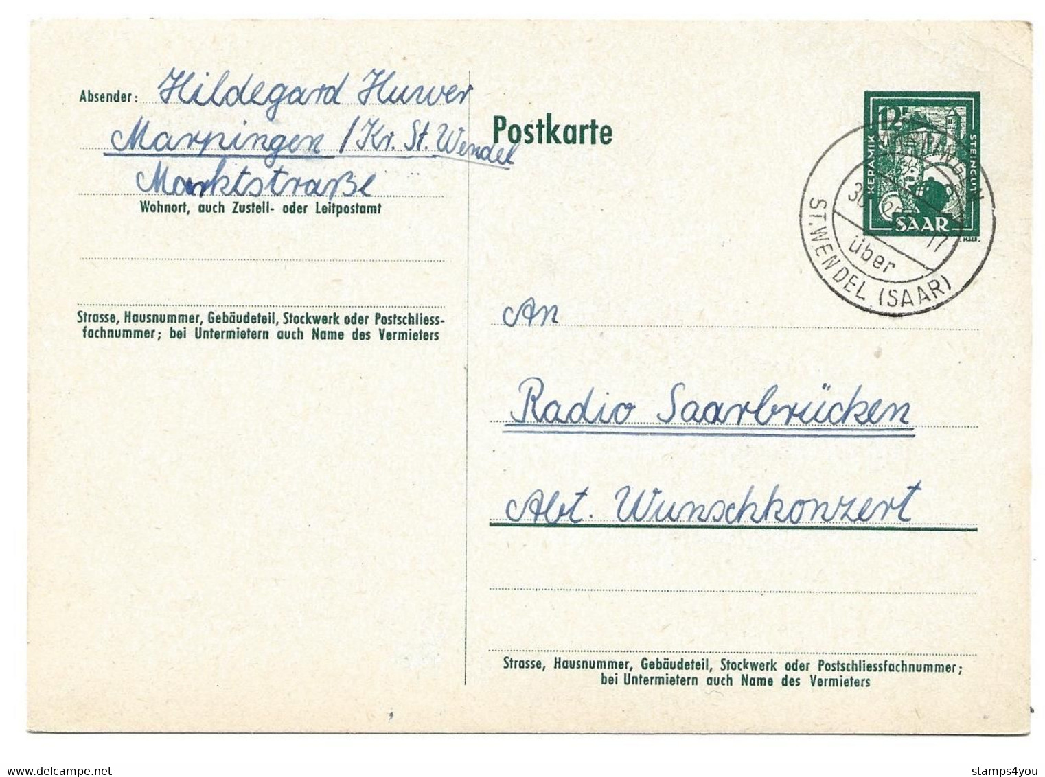 52 - 84 - Entier Postal Avec Cachet à Date  Marpingen über St. Wendel 1952 - Postwaardestukken