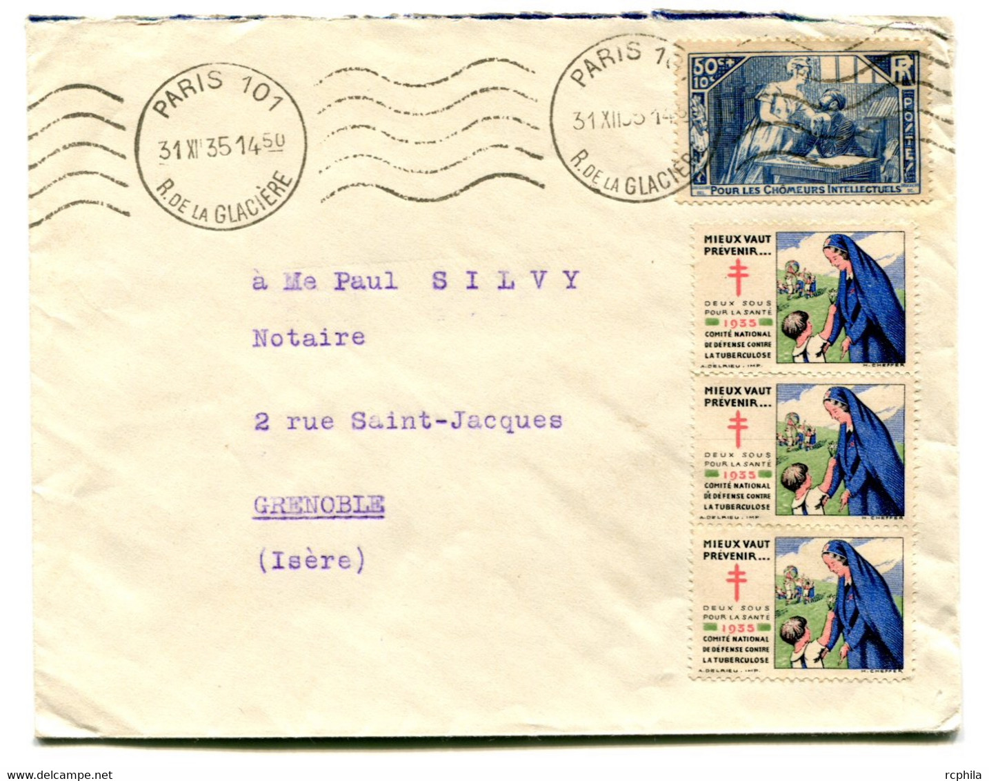 RC 21593 FRANCE 1935 VIGNETTES ANTITUBERCULEUX SUR LETTRE DE PARIS A GRENOBLE - Antituberculeux