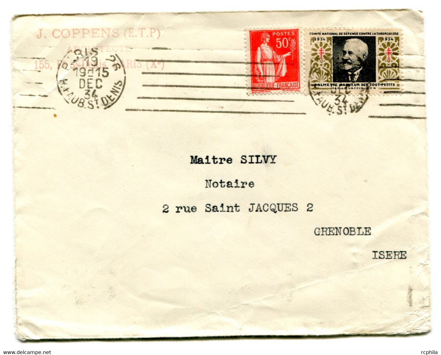 RC 21597 FRANCE 1934 VIGNETTE ANTITUBERCULEUX SUR LETTRE DE PARIS POUR GRENOBLE - Tegen Tuberculose