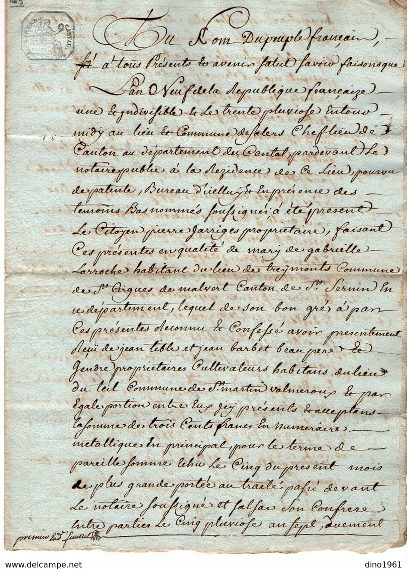 VP18.434- SALERS - Acte An 9 - Quittance Par Mr JARRIGE De SAINT CIRGUES MALBERT à Mrs TIBLE & BARBET De VALMEROUX - Manuscrits