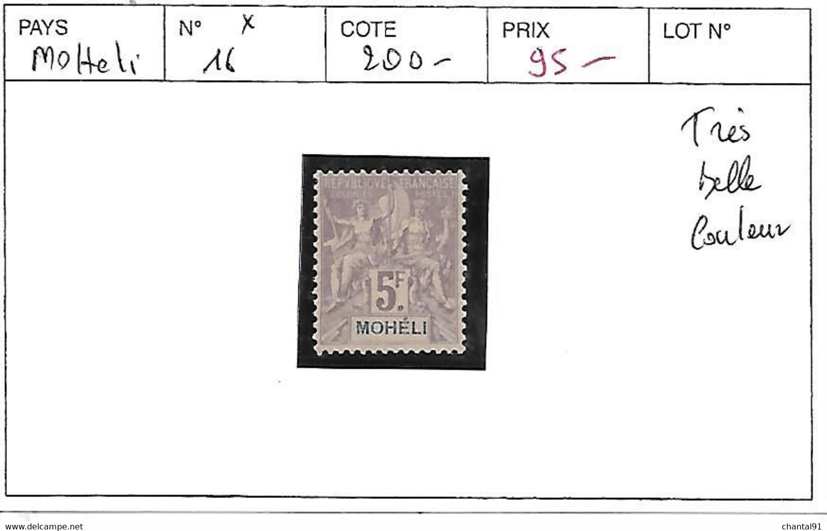 MOHELI N° 16 * TRES BELLE COULEUR - Unused Stamps