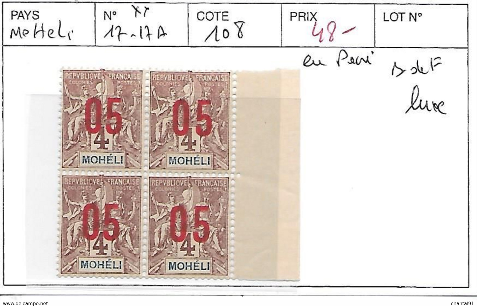 MOHELI N° 17-17A EN PAIRE BDF LUXE - Unused Stamps