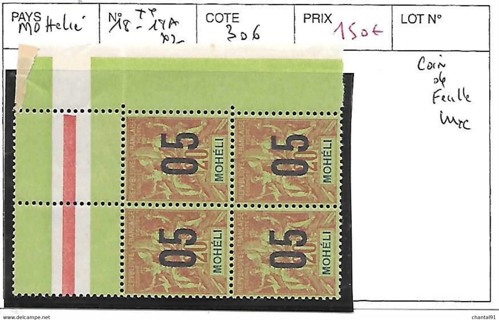 MOHELI N° 18-18Ax2 ** COIN DE FEUILLE - Ungebraucht