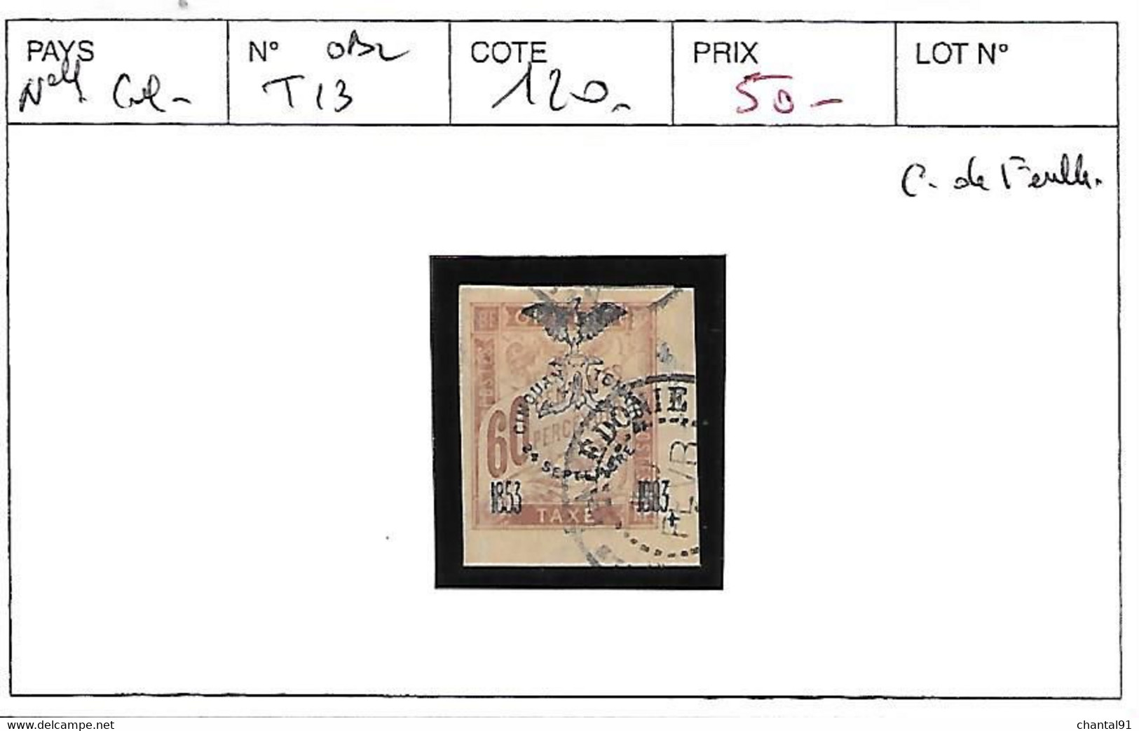 NOUVELLE CALEDONIE N° TAXE 13 OBL COIN DE FEUILLE - Timbres-taxe