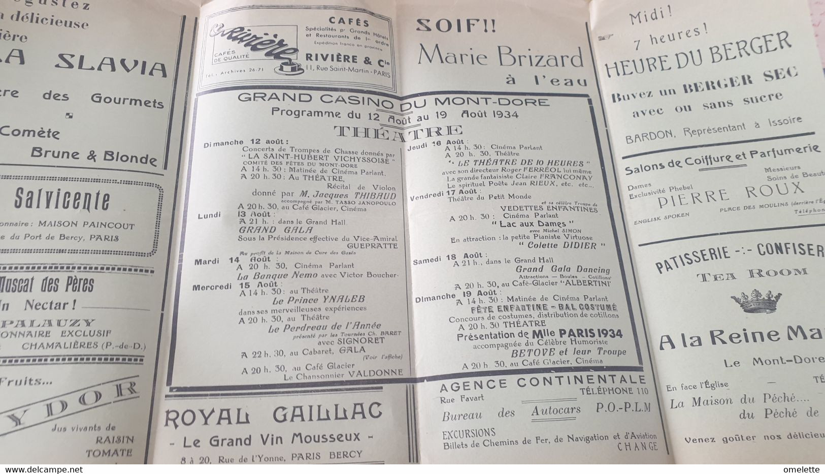 GRAND CASINO DU MONT DORE AOUT 1934 /CONCERTS/DANCING /THEATRE - Programas