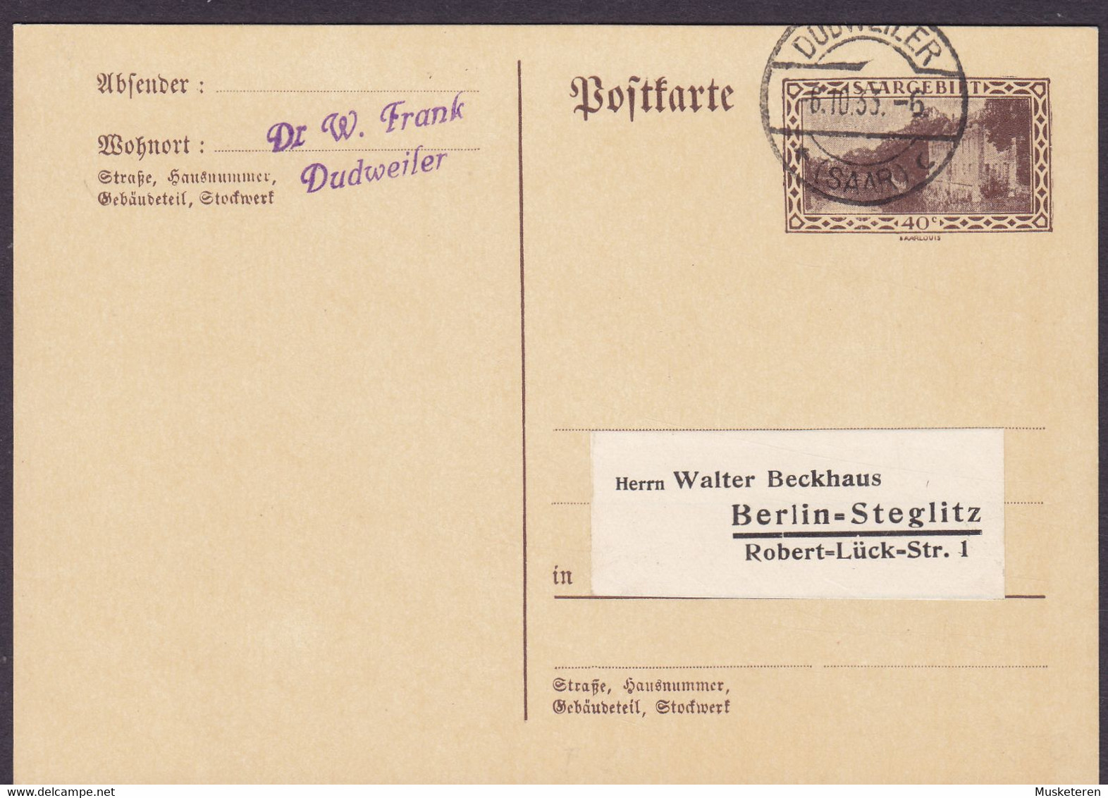 Saargebiet Postal Stationery Ganzsache Entier Postkarte Kaserne Saarlouis DUDWEILER (Saar) 1933 BERLIN-STEGLITZ - Interi Postali