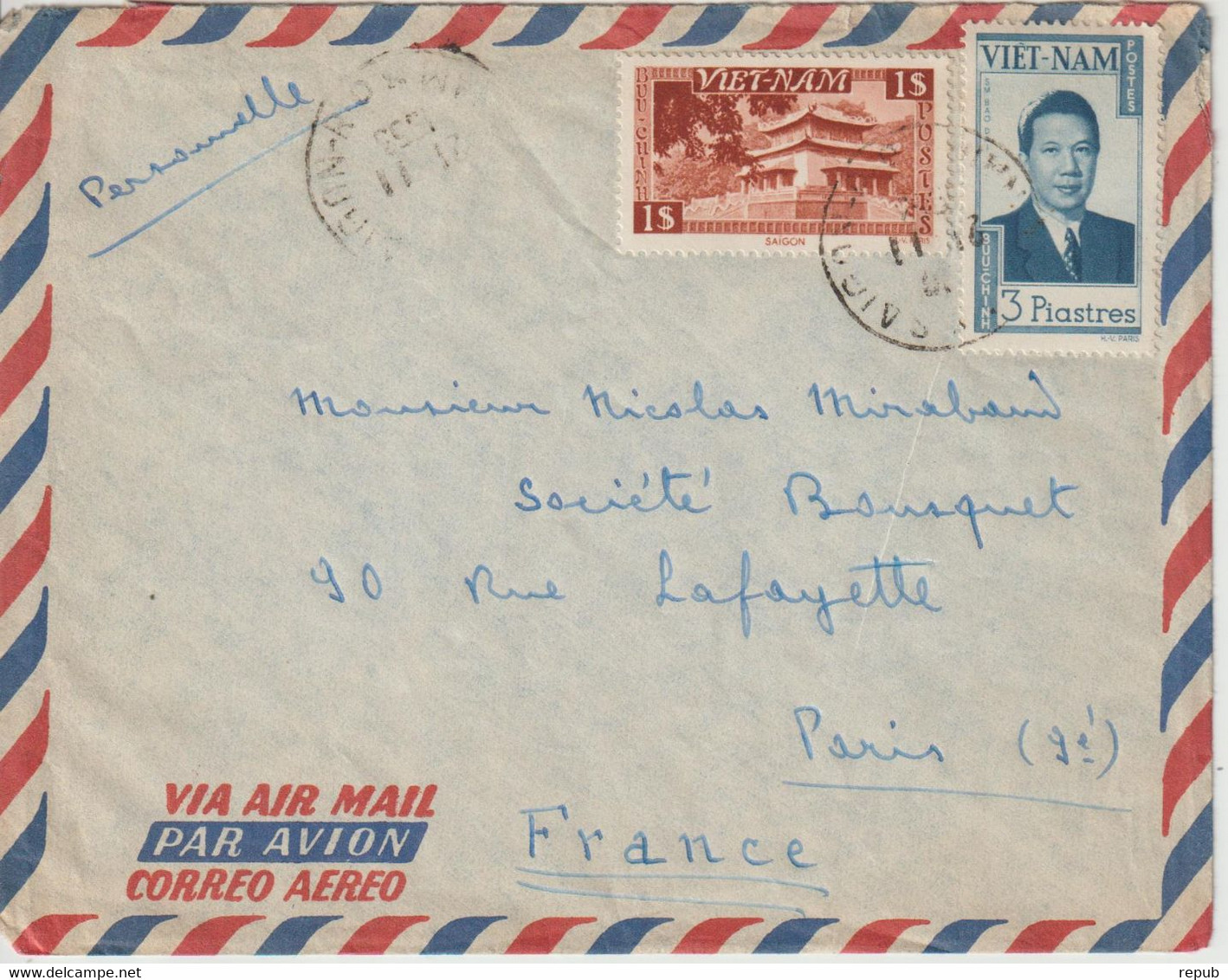 Vietnam Lettre 1953 Par Avion Pour La France Paris - Viêt-Nam