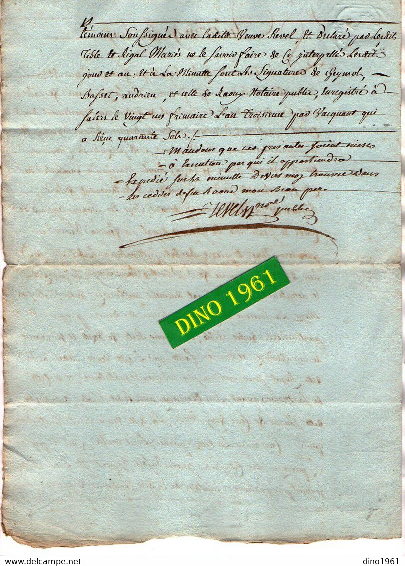 VP18.441 - SALERS - Acte An 3 - Quittance Par La Citoyenne Vve REVEL à TIBLE De SAINT MARTIN VALMEROUX - Manuscrits