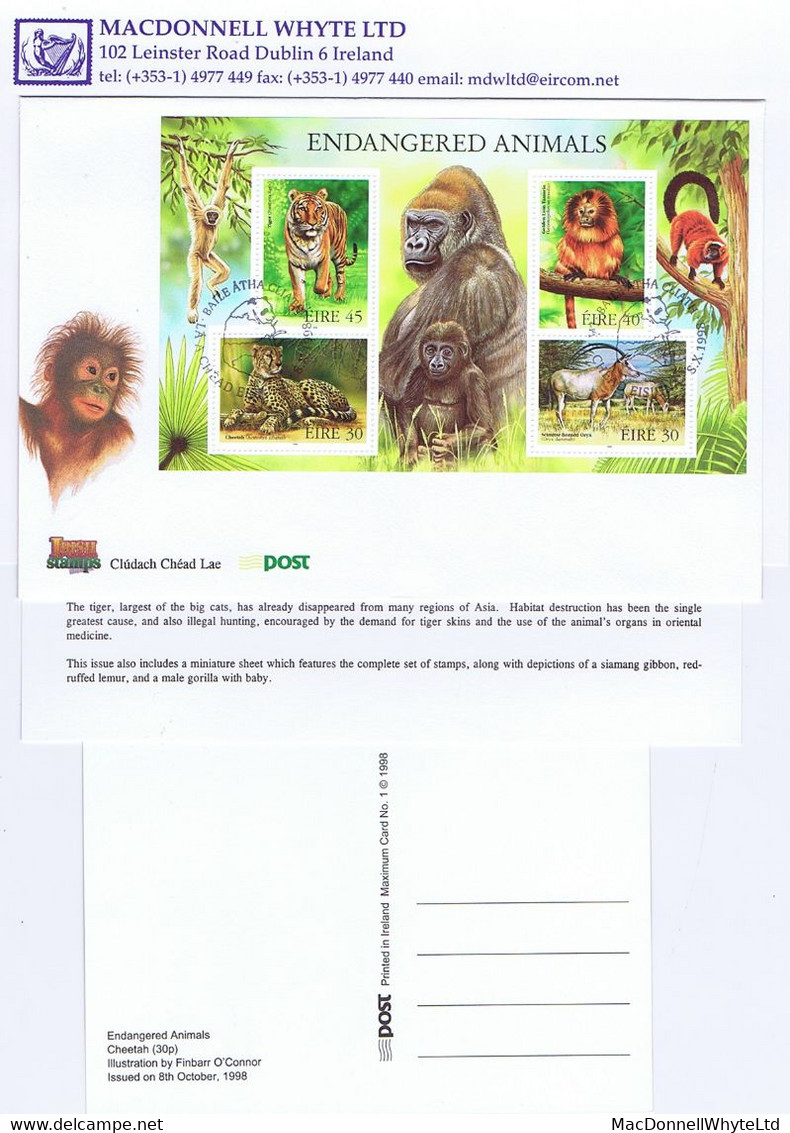 Ireland 1998 Endangered Animals Set Of 4 Maximum Cards Unused (nos 1-4), Plus Miniature Sheet FDC - Tarjetas – Máxima