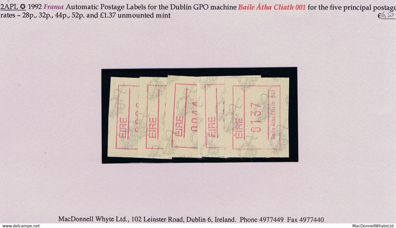 Ireland 1992 Frama Automatic Postage Labels For Dublin 001 Machine For Five Rates 28p, 32p, 44p, 52p, £1.37 Mint - Affrancature Meccaniche/Frama