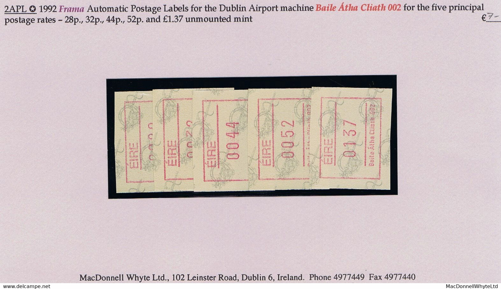 Ireland 1992 Frama Automatic Postage Labels For Dublin 002 Machine For Five Rates 28p, 32p, 44p, 52p, £1.37 Mint - Franking Labels