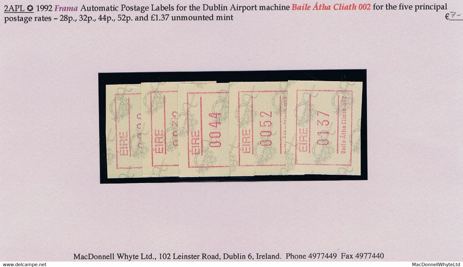 Ireland 1992 Frama Automatic Postage Labels For Dublin 002 Machine For Five Rates 28p, 32p, 44p, 52p, £1.37 Mint - Frankeervignetten (Frama)