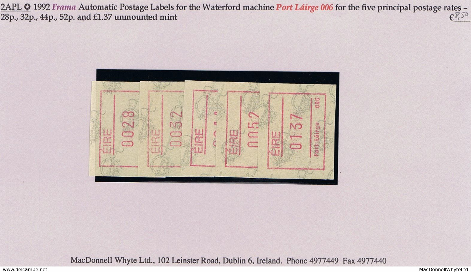 Ireland 1992 Frama Automatic Postage Labels For Waterford 006 Machine For Five Rates 28p, 32p, 44p, 52p, £1.37 Mint - Vignettes D'affranchissement (Frama)
