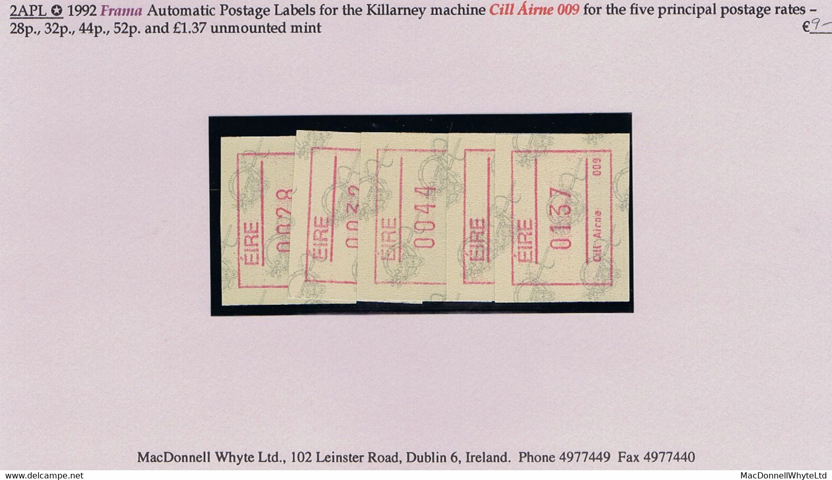 Ireland 1992 Frama Automatic Postage Labels For Killarney 009 Machine For Five Rates 28p, 32p, 44p, 52p, £1.37 Mint - Automatenmarken (Frama)
