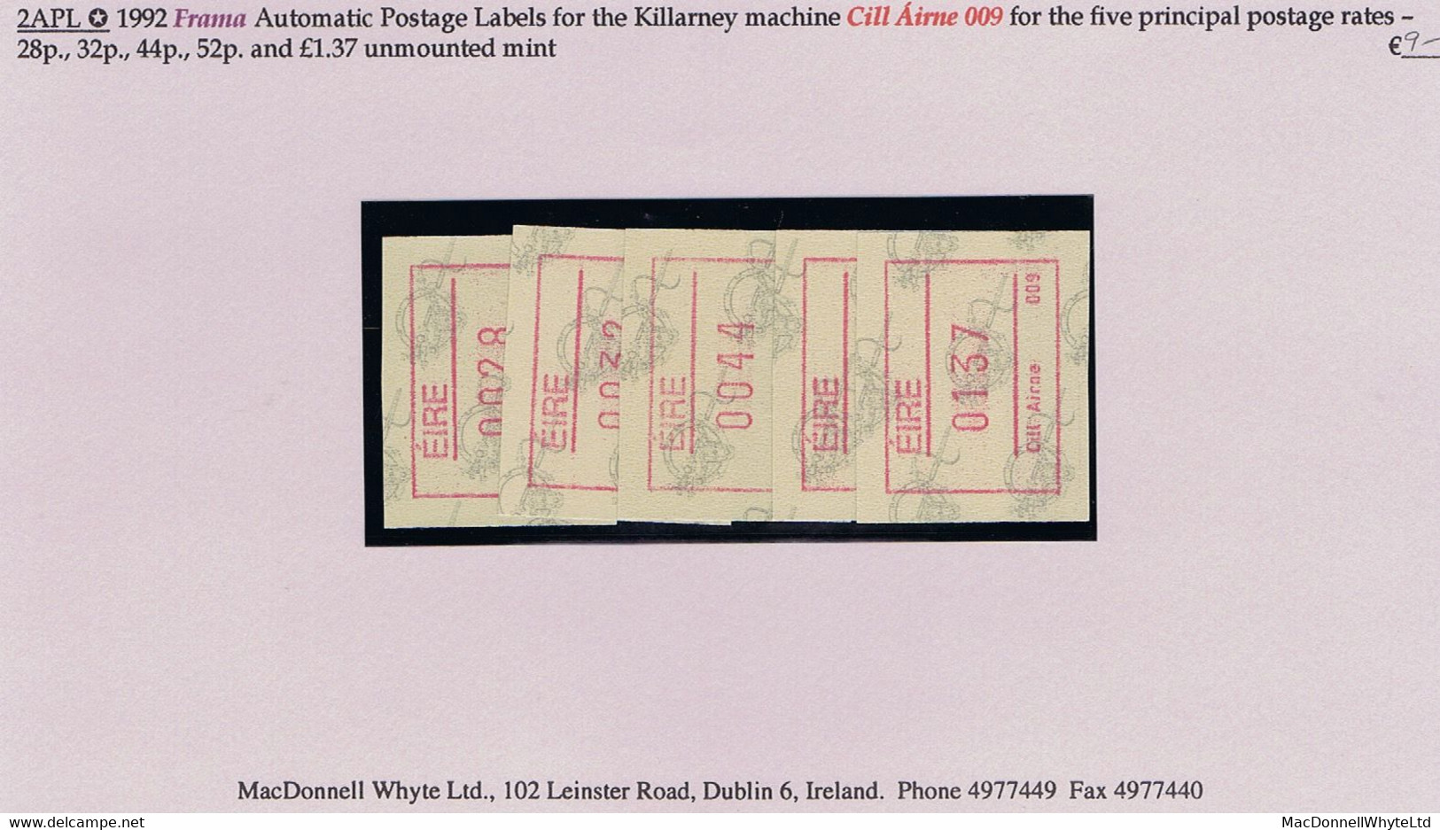 Ireland 1992 Frama Automatic Postage Labels For Killarney 009 Machine For Five Rates 28p, 32p, 44p, 52p, £1.37 Mint - Frankeervignetten (Frama)