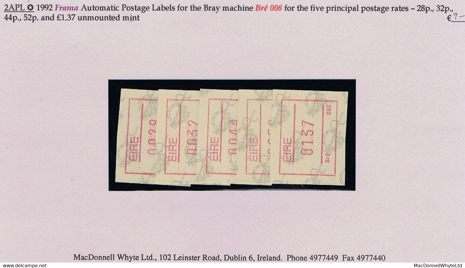 Ireland 1992 Frama Automatic Postage Labels For Bray 008 Machine For Five Rates 28p, 32p, 44p, 52p, £1.37 Mint - Vignettes D'affranchissement (Frama)