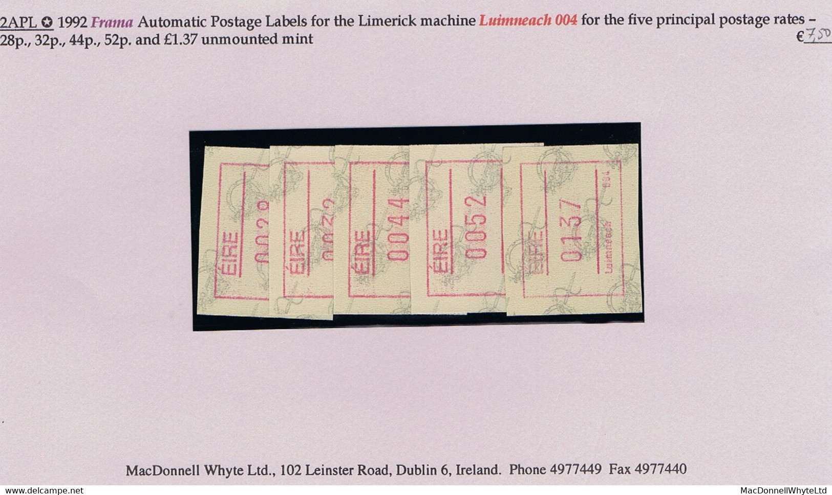 Ireland 1992 Frama Automatic Postage Labels For Limerick 004 Machine For Five Rates 28p, 32p, 44p, 52p, £1.37 Mint - Franking Labels