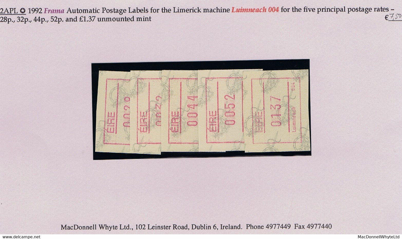 Ireland 1992 Frama Automatic Postage Labels For Limerick 004 Machine For Five Rates 28p, 32p, 44p, 52p, £1.37 Mint - Frankeervignetten (Frama)