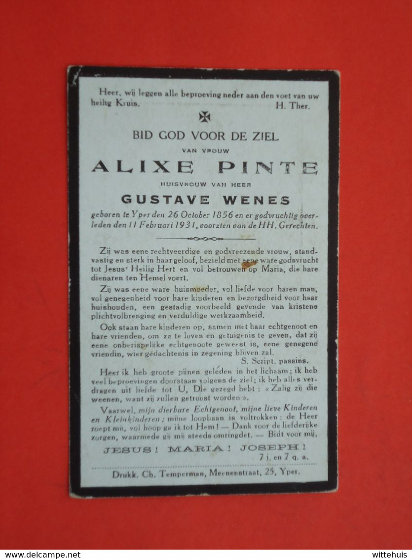 Alixe Pinte - Wenes Geboren Te Ieper 1856 Overleden  1931    (2scans) - Religion & Esotericism