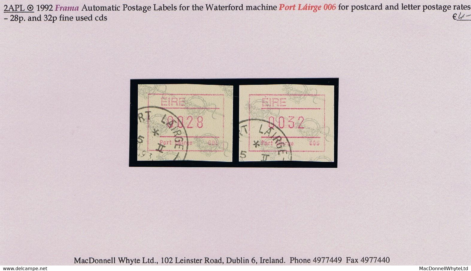 Ireland 1992 Frama Automatic Postage Labels For Waterford 006 Machine 28p Postcard Rate And 32p Letter Rate Fine Used - Affrancature Meccaniche/Frama