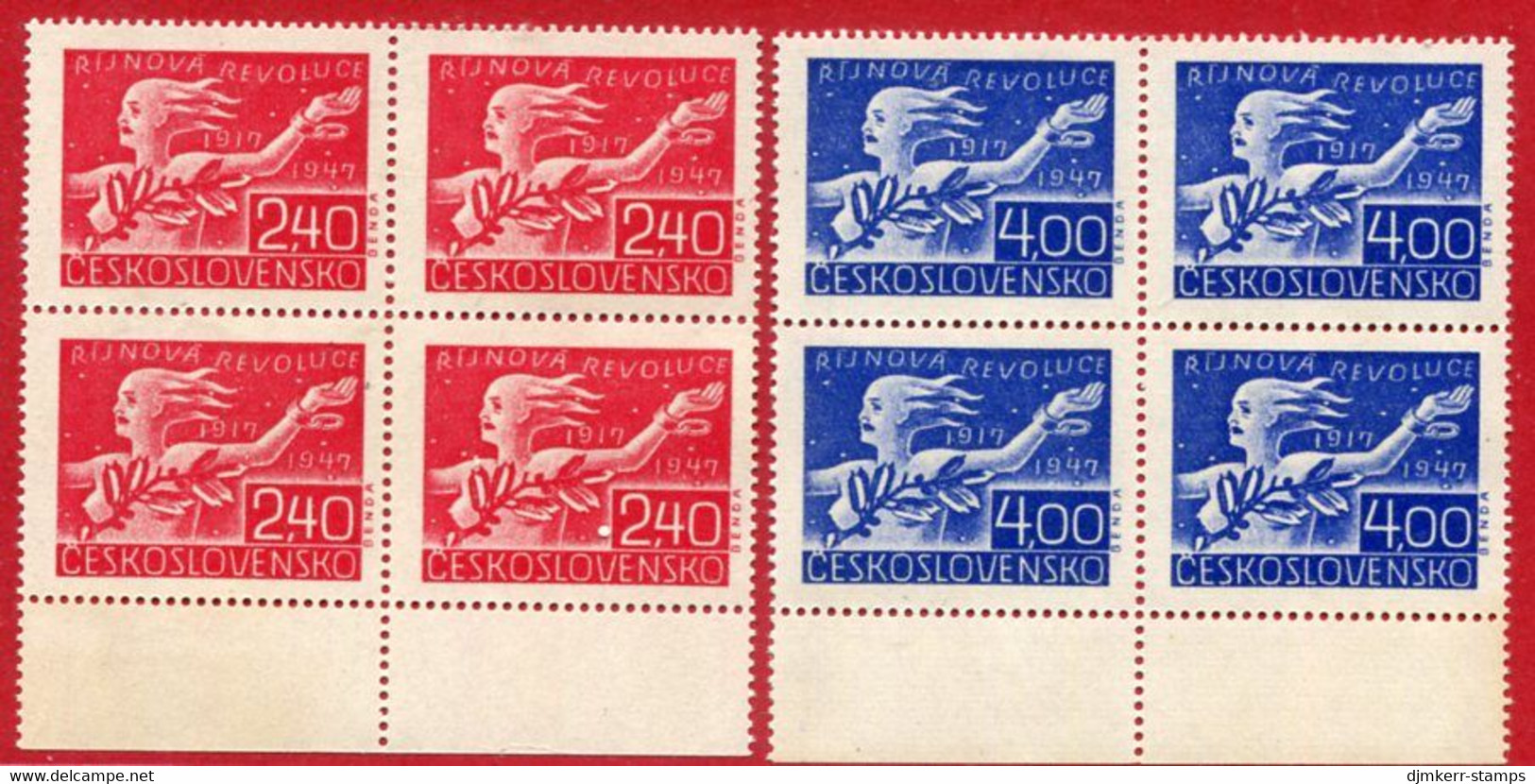 CZECHOSLOVAKIA 1947 October Revolution Blocks Of 4 MNH / **.  Michel 527-28 - Unused Stamps