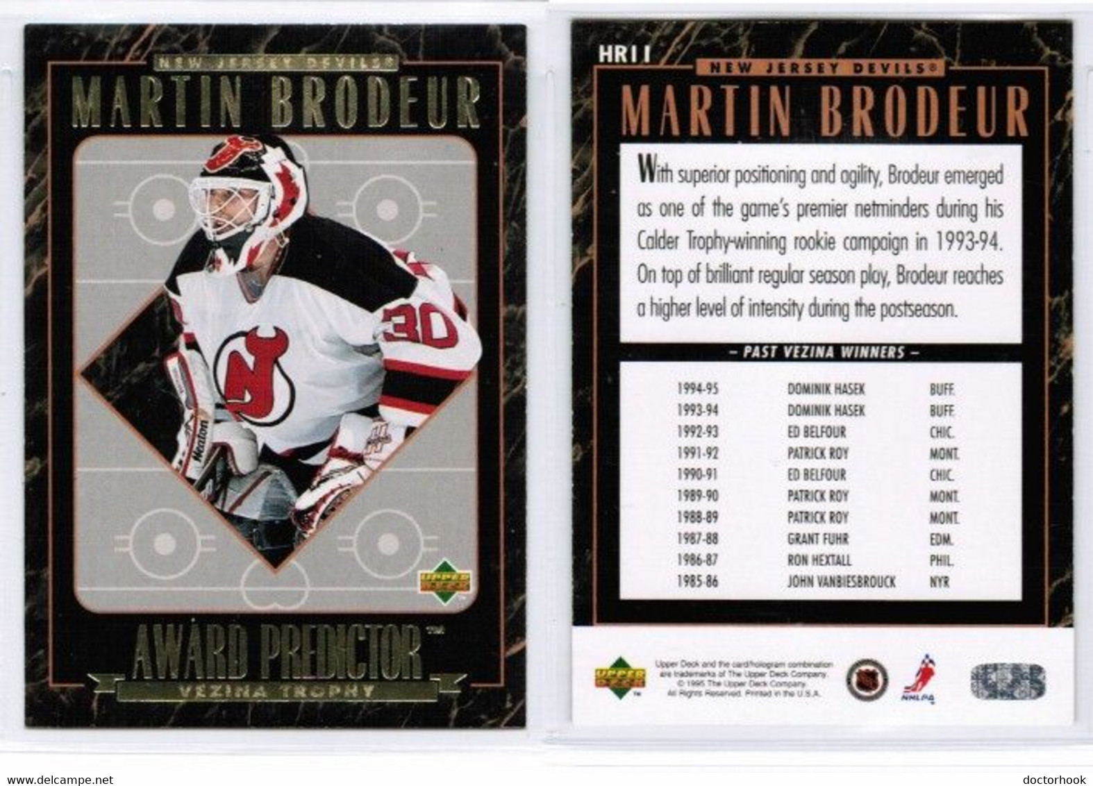 MARTIN BRODEUR---UPPER DECK "Award Predictor---REDEMPTION" 1995-96 (NHL--3-8) - 1990-1999