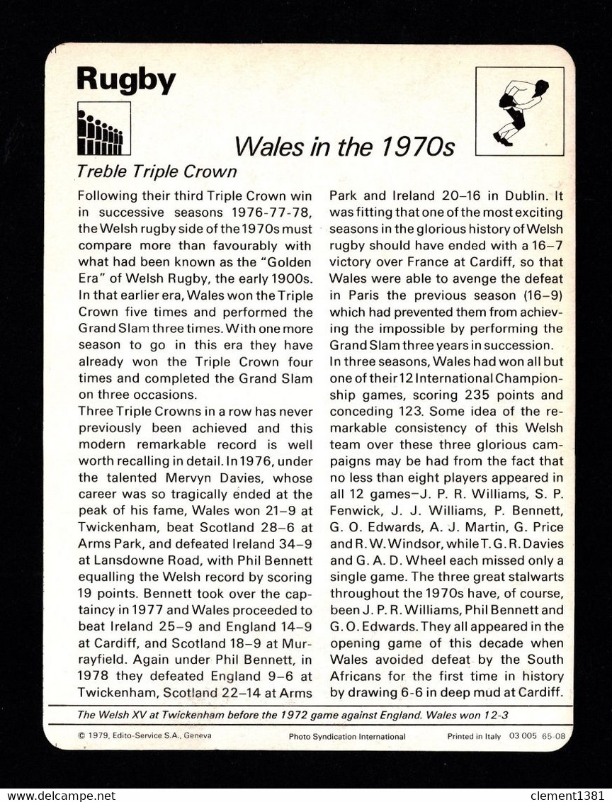 RUGBY Fiche édition Rencontre Wales In The 1970's - Rugby