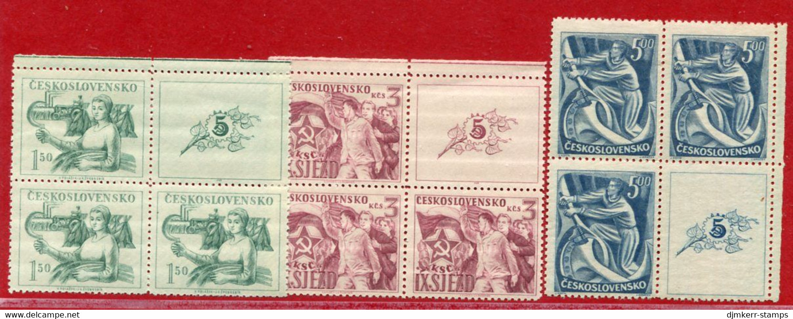CZECHOSLOVAKIA 1949 Communist Party Congress Blocks Of 3 With Labels MNH / **.  Michel 575-77 Zf - Unused Stamps