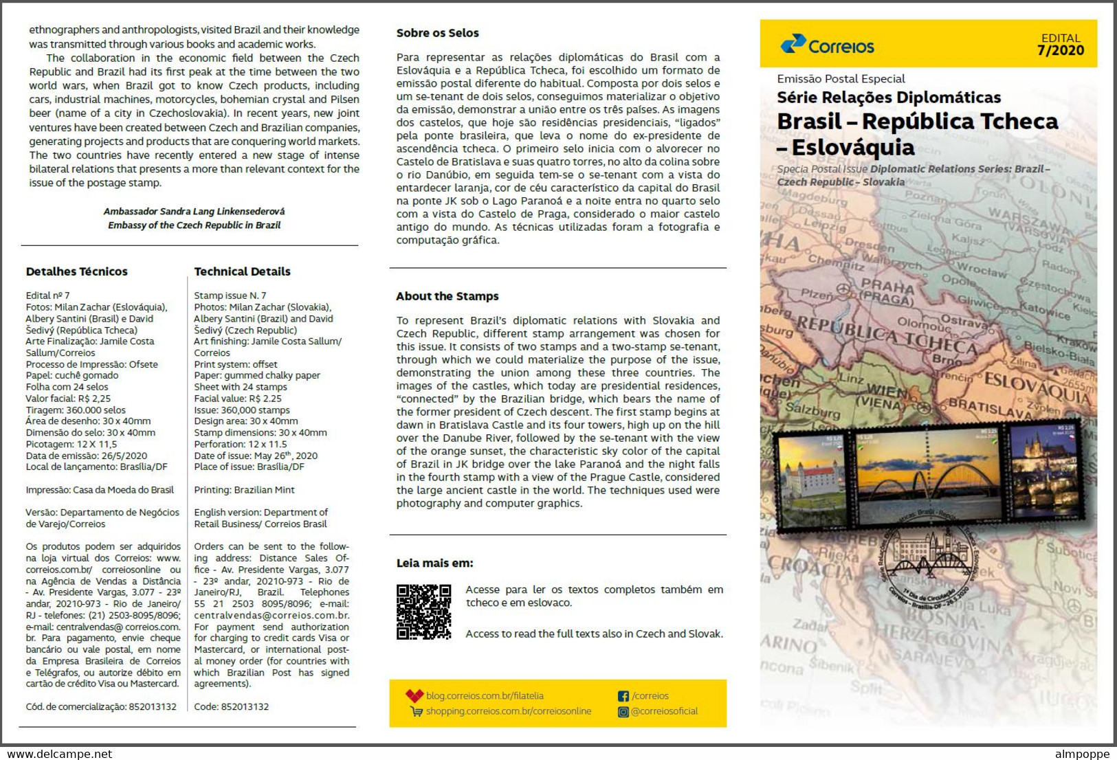 Ref. BR-V2020-07+E BRAZIL 2020 ARCHITECTURE, RELATIONS CZECH REPUBLIC, & SLOVAKIA, BRIDGES, MNH + BROCHURE 4V - Ongebruikt