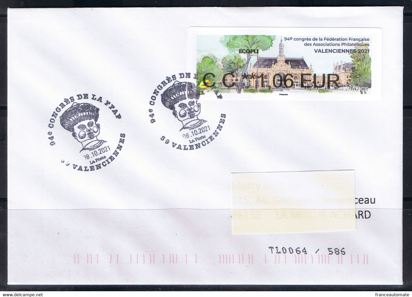 ATMs, NABANCO Sans CODE DATAMATRIX, FDC, ECOPLI CC 1.06€, GARE DE VALENCIENNES, 94ème Congrès De FFAP, - 2010-... Illustrated Franking Labels