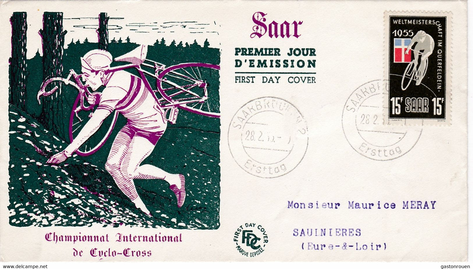 Premier Jour FDC Sarre Saar 1955 339 Championnats Du Monde De Cyclo-cross - FDC