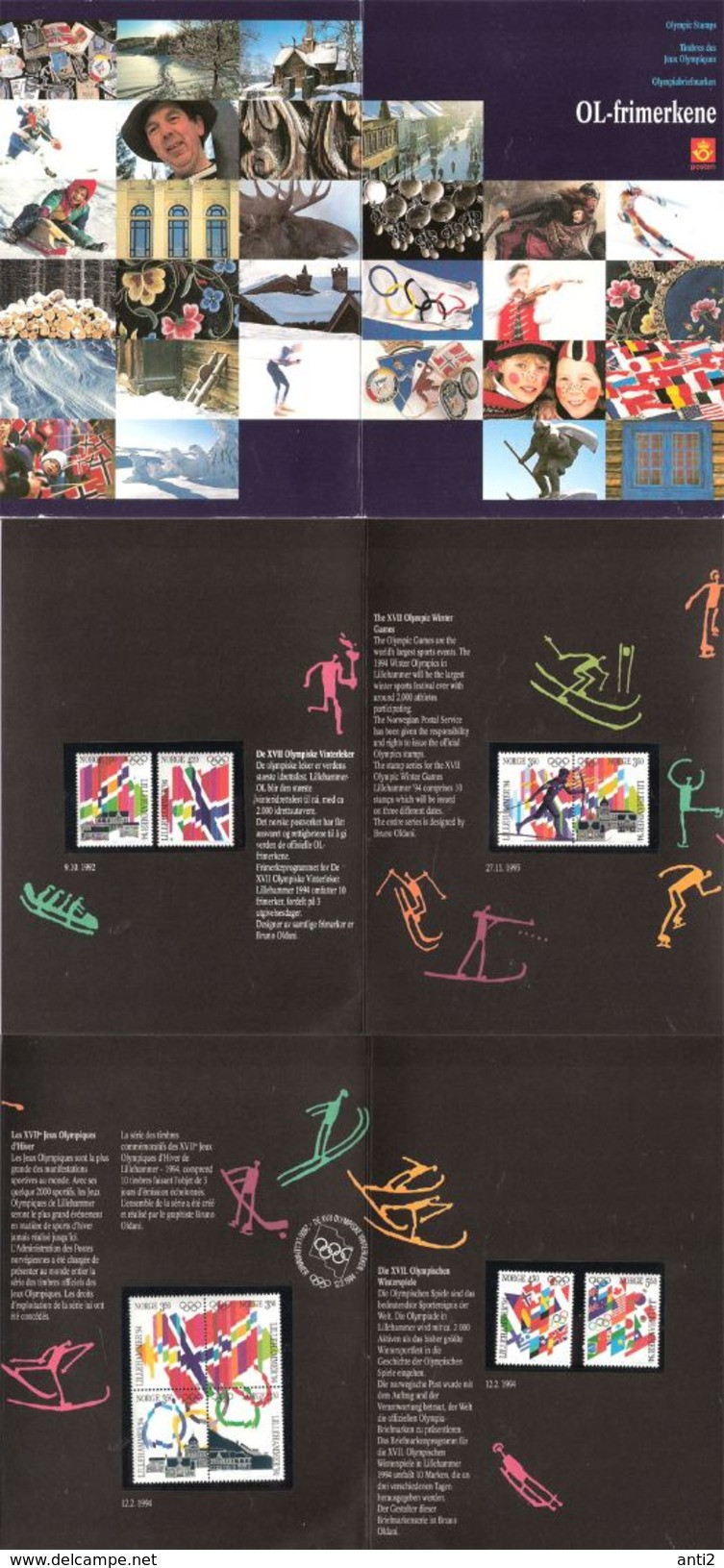 Norge Norway 1992-1994 Winter Olympics Lillehammer, Flags, Buildings, In Folder, Mint Stamps - Cartas & Documentos