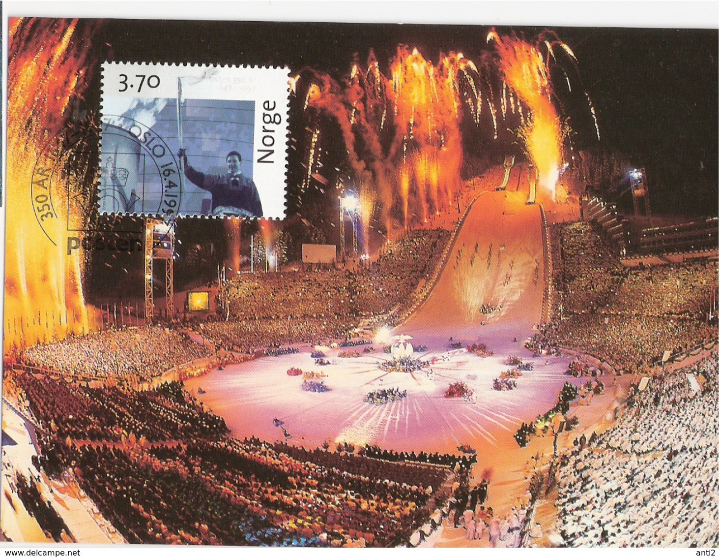 Norge Norway 1997 Posten 350 Years Anniversary, Olympic Opening, Lillehammer, Ski   MK 8 Of 8 MK With Mi 1256 Cancelled - Maximumkarten (MC)