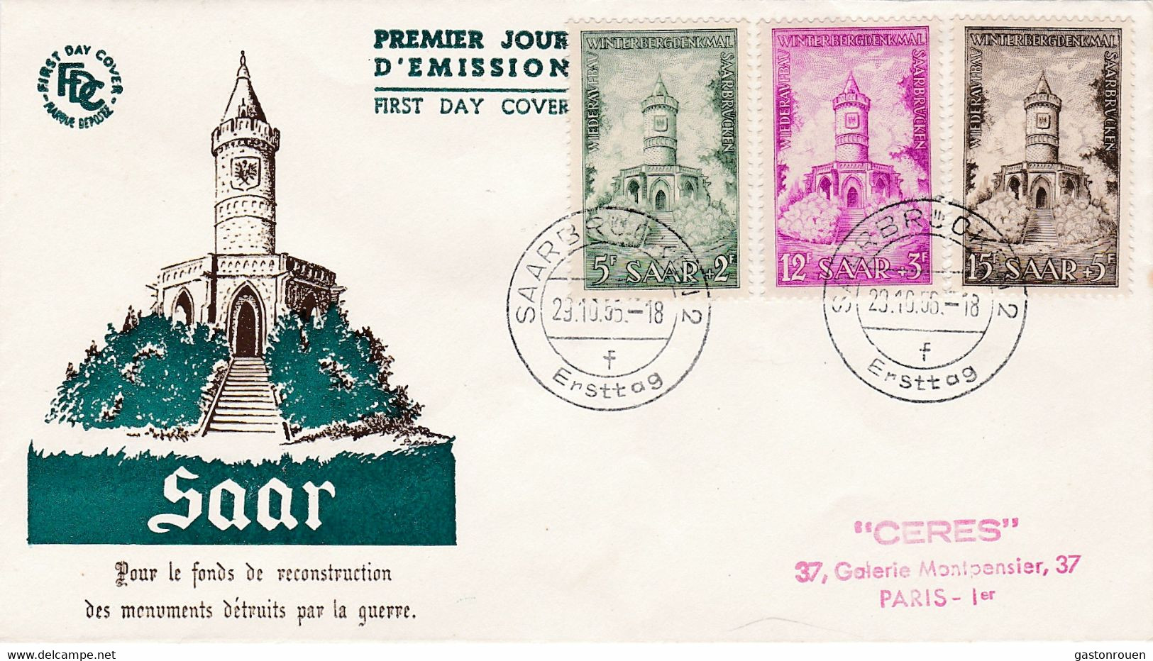 Premier Jour FDC Sarre Saar 1956 355 à 357 Monument De Winterberg Fonds De Reconstruction - FDC