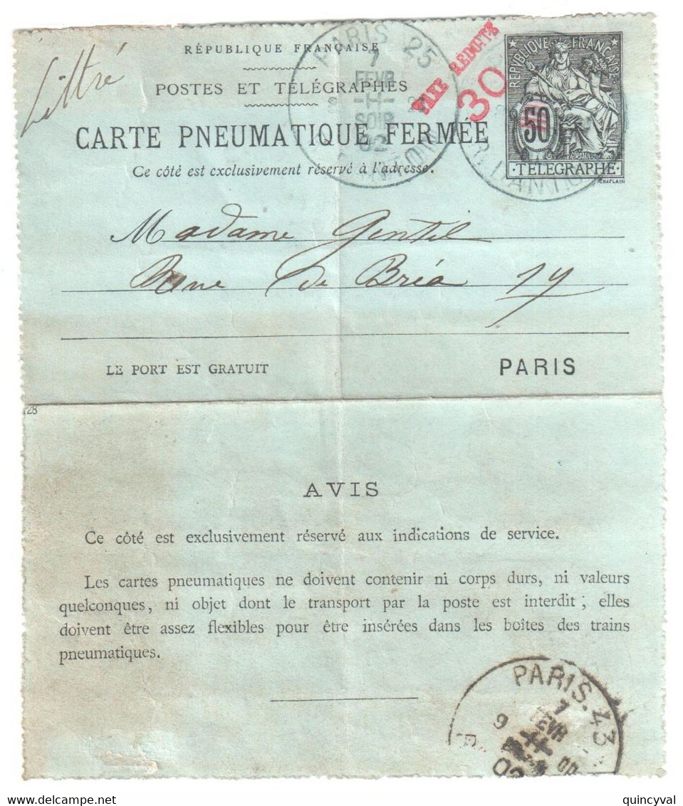 PARIS 25 R Danton Carte Lettre Pneumatique 30c/50c Chaplain Yv 2564 Storch E26 Dest Littré Ob 1902 - Rohrpost