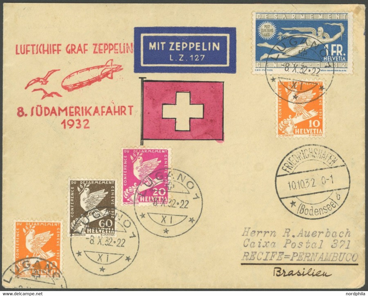 ZULEITUNGSPOST 189 BRIEF, Schweiz: 1932, 8. Südamerikafahrt, Seltene Postaufgabe LUGANO, Brief Leichte Bedarfsmängel - Luft- Und Zeppelinpost