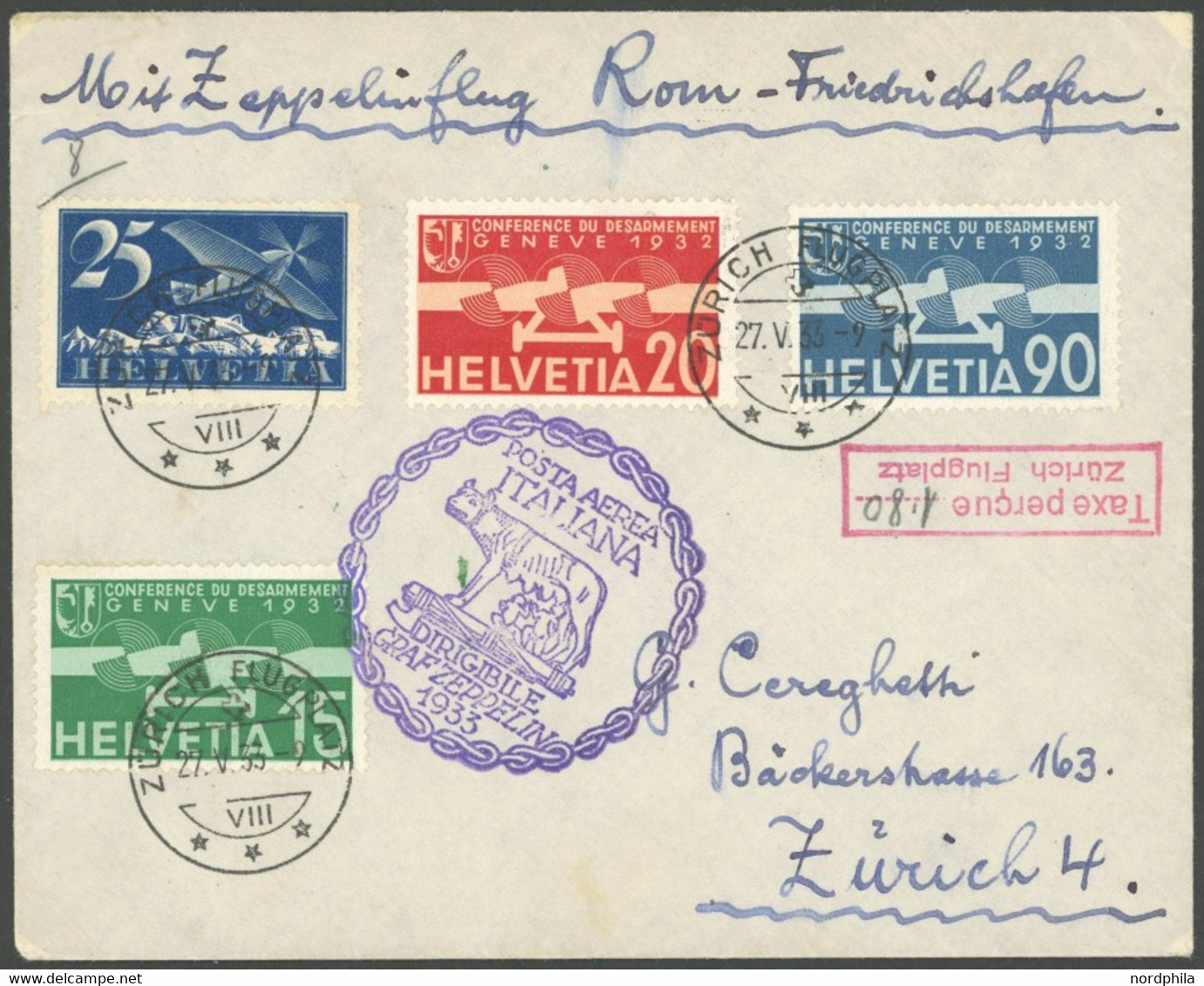 ZULEITUNGSPOST 207 BRIEF, Schweiz: 1933, Italienfahrt, Mit Rotem R2 Taxe Percue Zürich Flughafen Und Handschriftlich 1.8 - Luft- Und Zeppelinpost