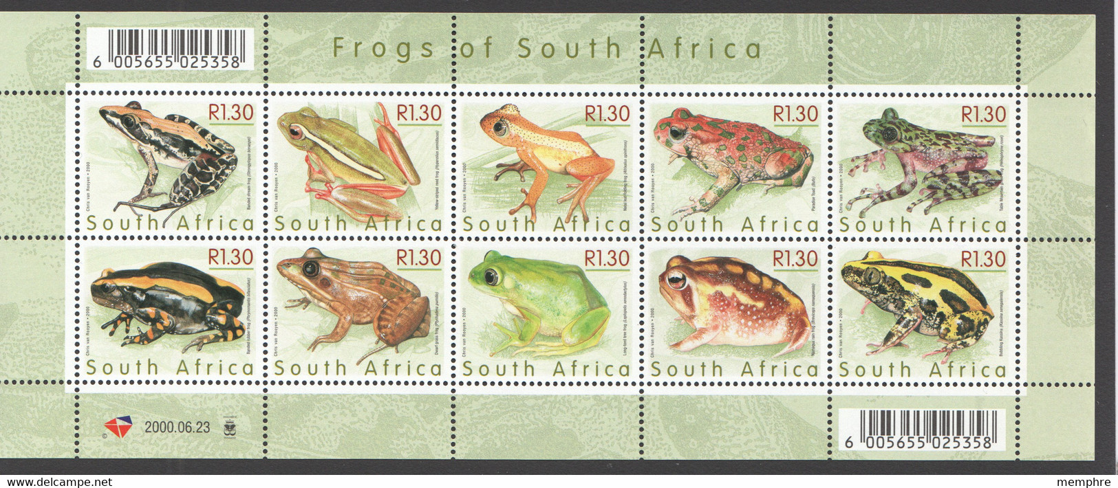 2000  Frogs Of South Africa Souvenir Sheet Of 10 Different  Sc 1156  MNH ** - Unused Stamps