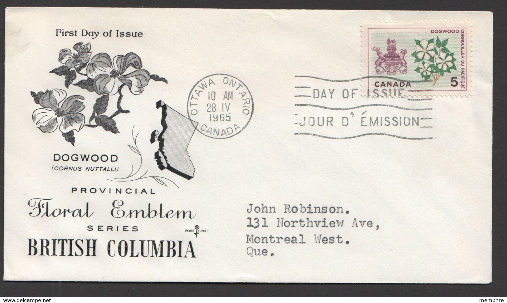 1965  British Columbia   Floral Emblem Dogwood  Sc 423 Rose Craft Cachet - 1961-1970