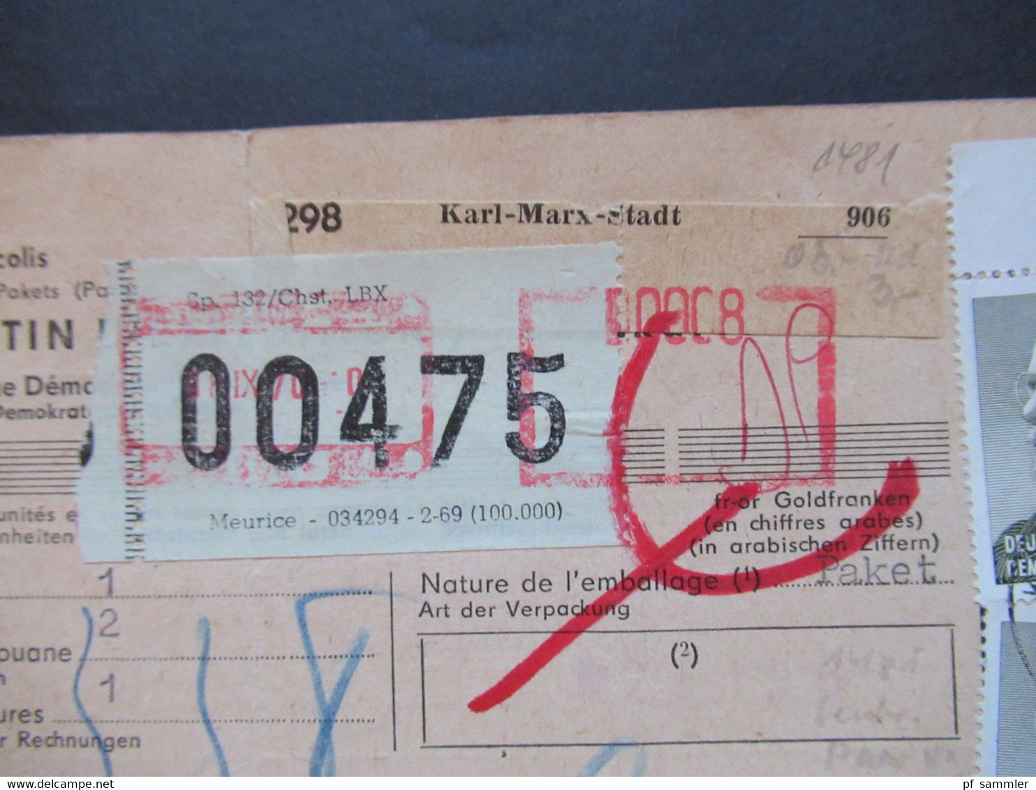 DDR 1963 / 70 Paketkarte Ulbricht 1 DM Nr.968 OR MeF Ober Und Unterrand Karl - Marx Stadt Nach Brüssel - Briefe U. Dokumente