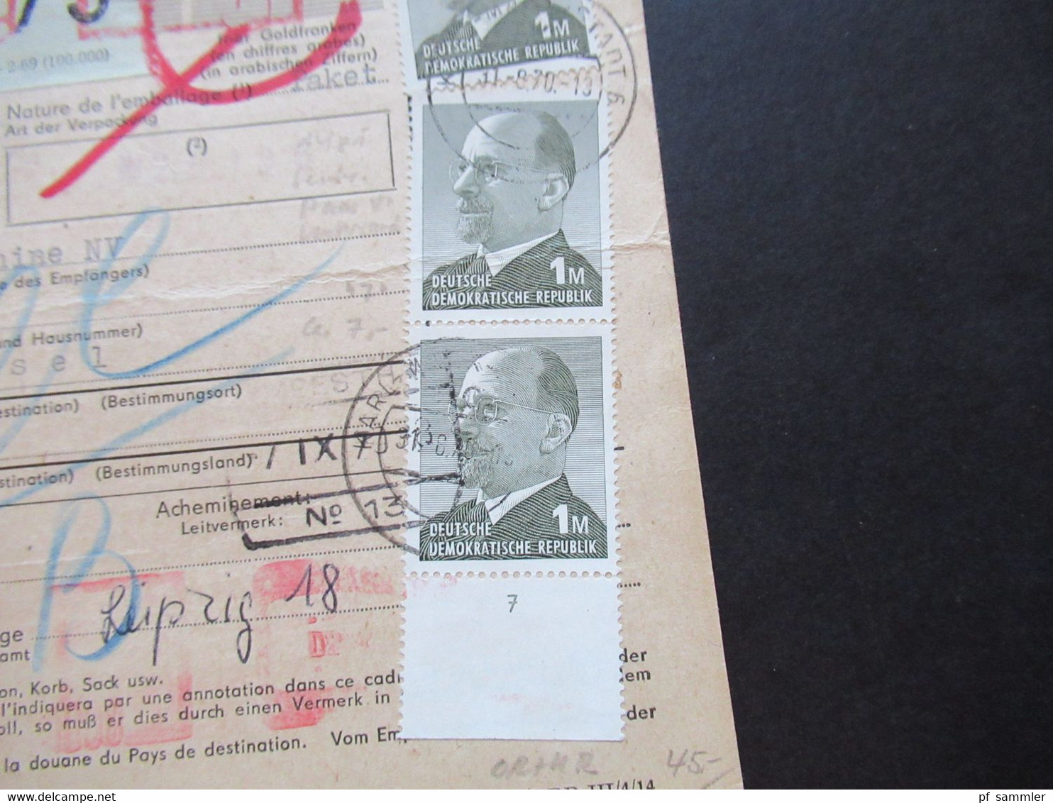 DDR 1963 / 70 Paketkarte Ulbricht 1 DM Nr.968 OR MeF Ober Und Unterrand Karl - Marx Stadt Nach Brüssel - Briefe U. Dokumente