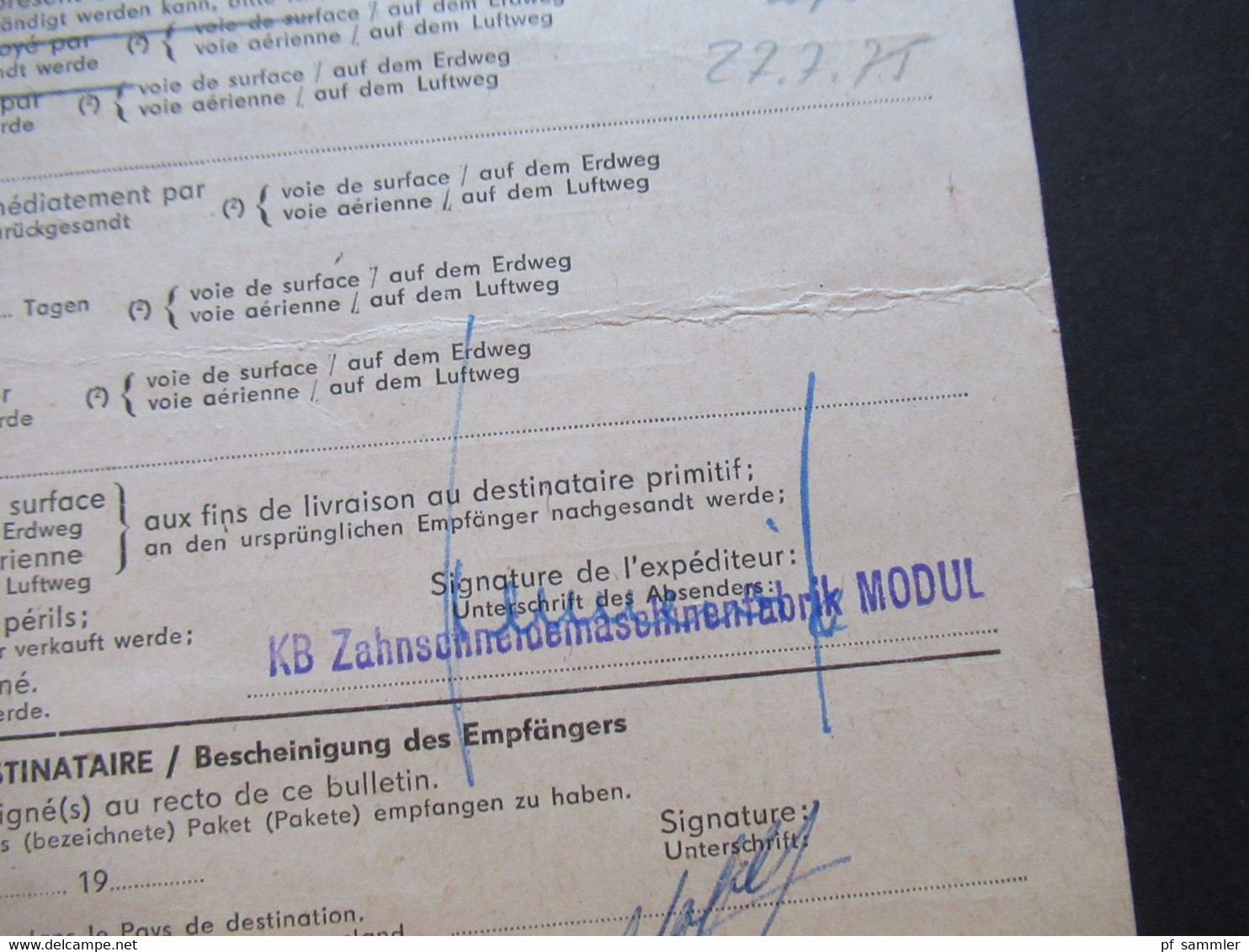 DDR 1963 / 70 Paketkarte Ulbricht 1 DM Nr.968 OR MeF Ober und Unterrand Karl - Marx Stadt nach Brüssel