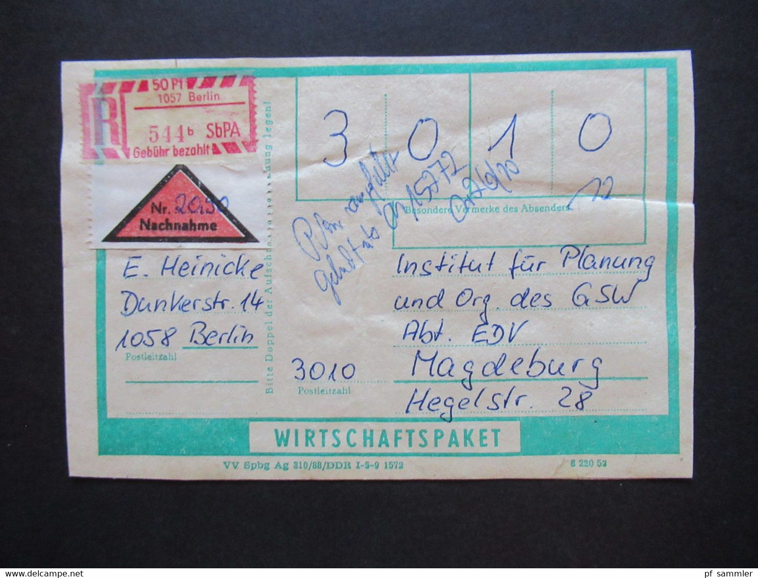 DDR 1989 Einschreibe Gebührenzettel Sb Postämter 1057 Berlin Nachnahme Wirtschaftspaket Mit Einlieferungsschein - Storia Postale