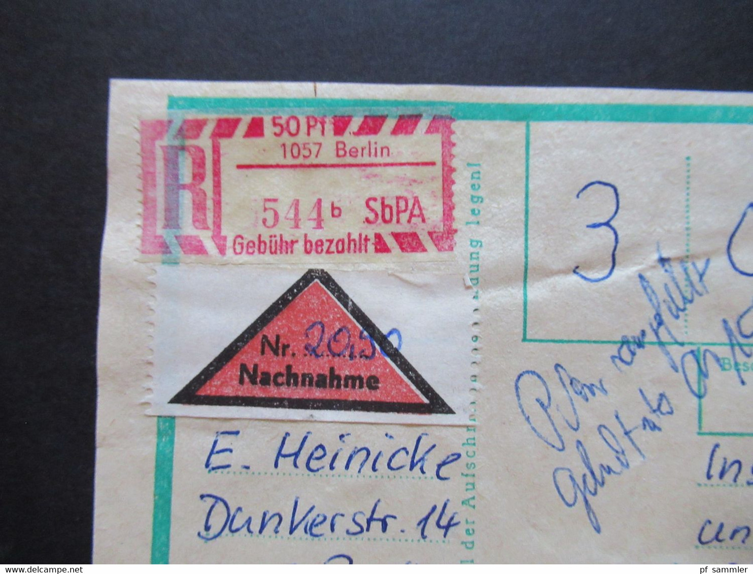 DDR 1989 Einschreibe Gebührenzettel Sb Postämter 1057 Berlin Nachnahme Wirtschaftspaket Mit Einlieferungsschein - Brieven En Documenten